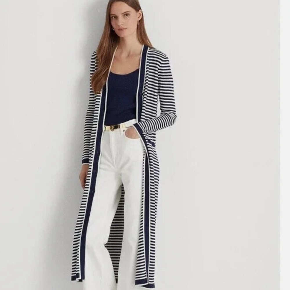 Ralph Lauren Silk blend Navy and White Striped Long Cardigan